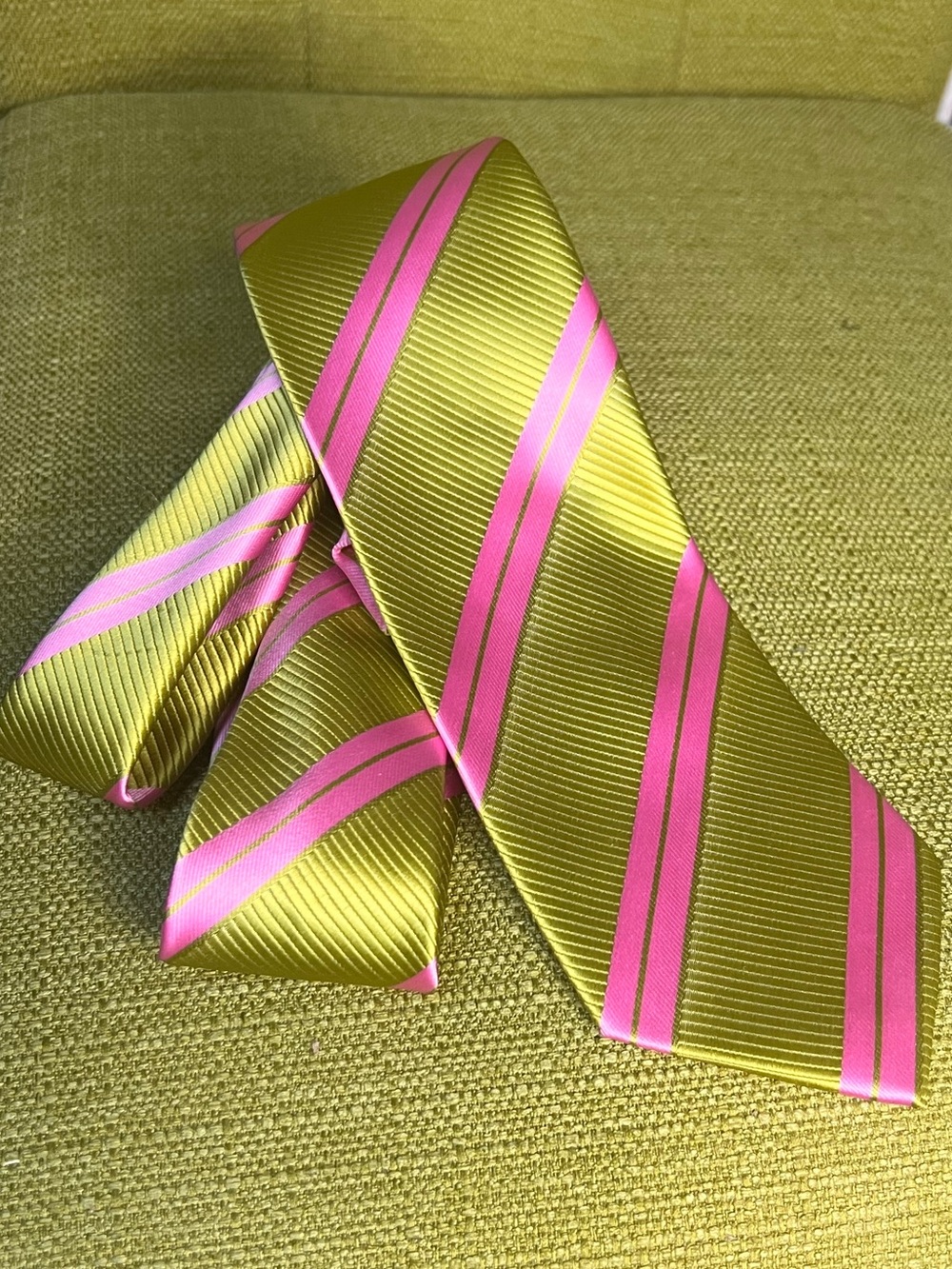 Men's Striped Silk Tie in Lime Green and Pink
